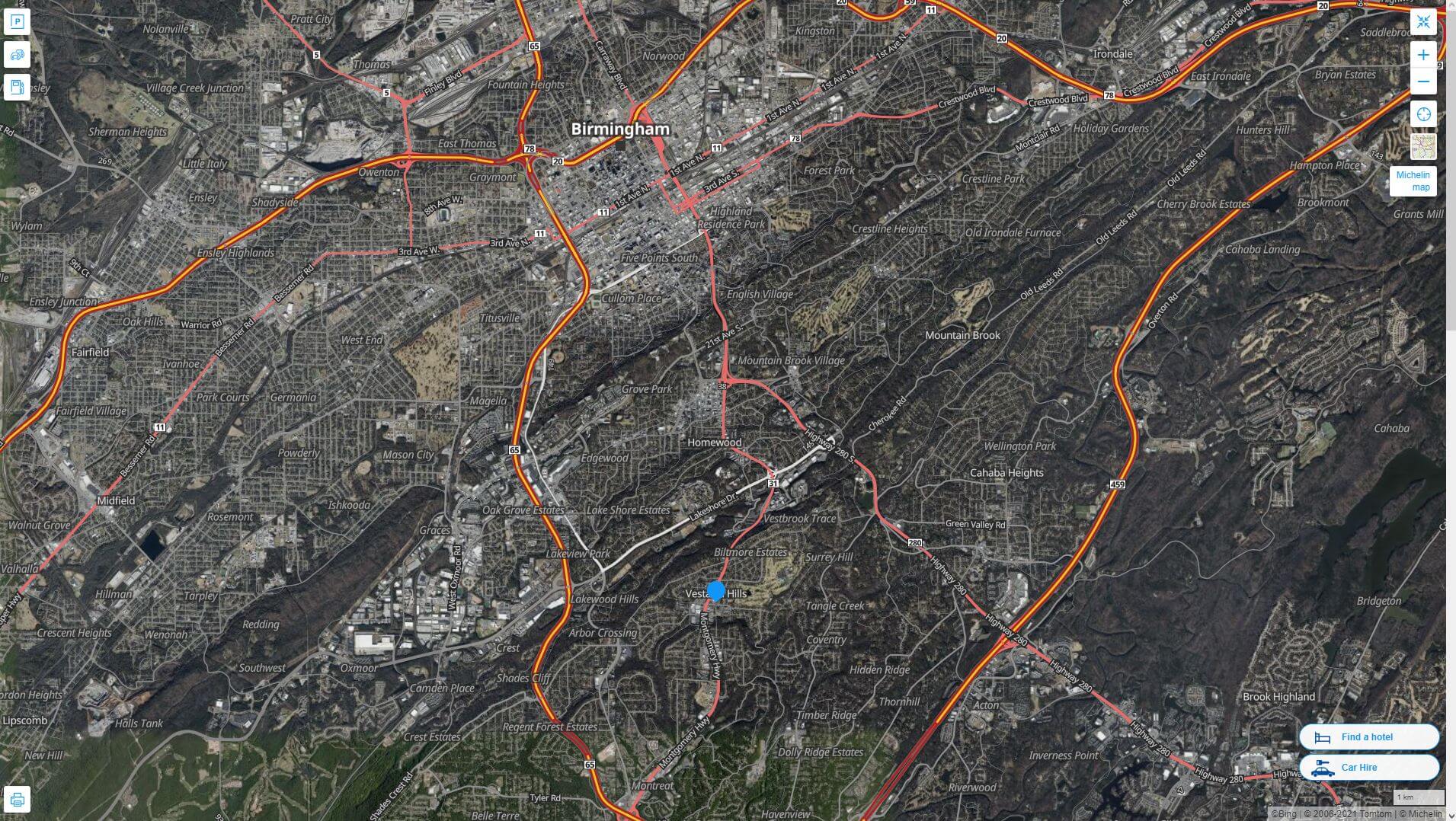 Vestavia Hills Alabama Highway and Road Map with Satellite View
